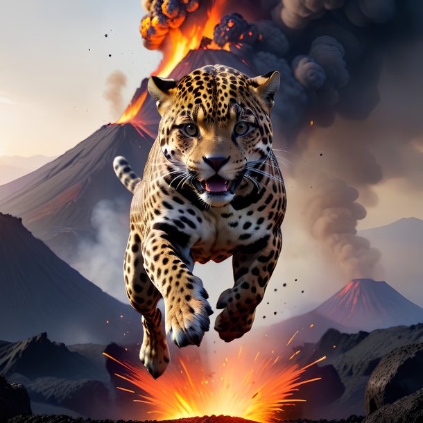 Photo of a jumping of a jaguar in the volcano