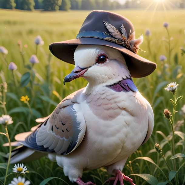 Picture of a dove in a hat in the meadow