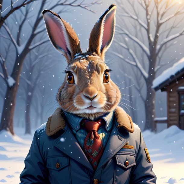 Illustration of a hare in a jacket in the snow