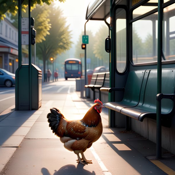 Uma foto de uma galinha esperando no ponto de ônibus