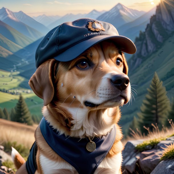 Pic of a dog in a cap in the mountains