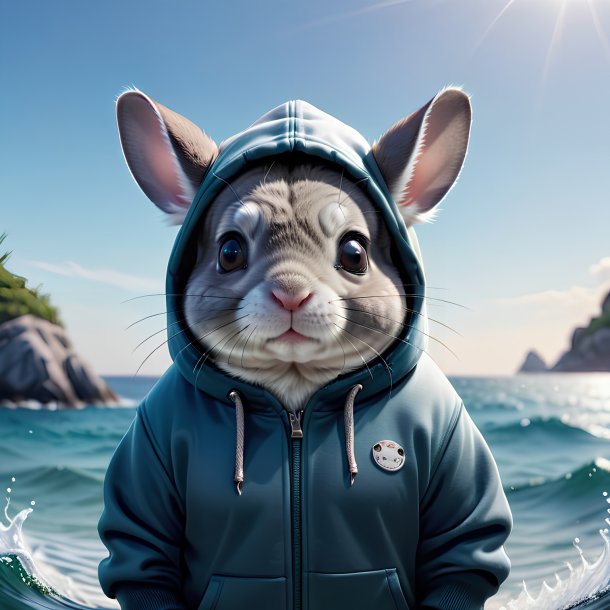 Foto de una chinchillas en una sudadera con capucha en el mar