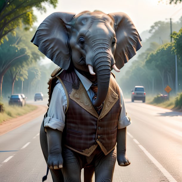 Imagem de um elefante em um colete na estrada