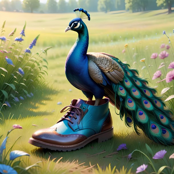 Drawing of a peacock in a shoes in the meadow