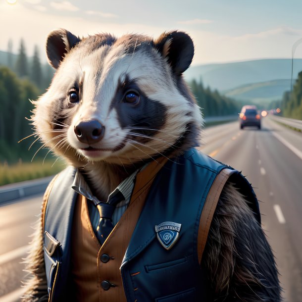 Picture of a badger in a vest on the highway