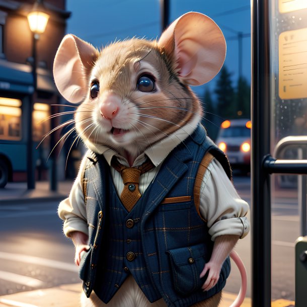 Photo d'une souris dans un gilet sur l'arrêt de bus