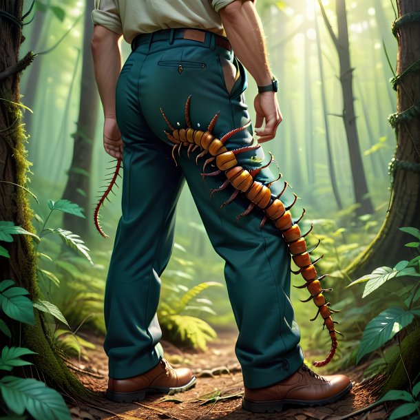 Drawing of a centipede in a trousers in the forest