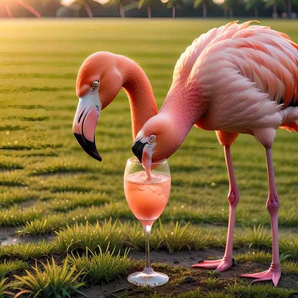 Photo of a drinking of a flamingo on the field