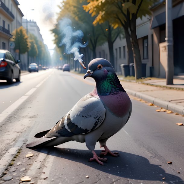 Image of a smoking of a pigeon on the road