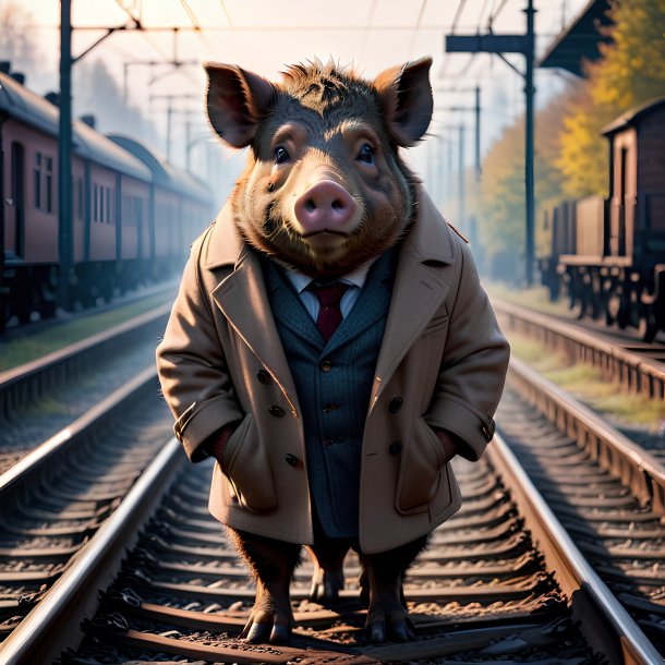 Photo of a boar in a coat on the railway tracks