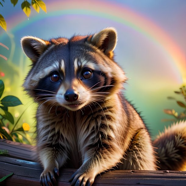 Photo of a resting of a raccoon on the rainbow