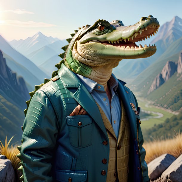 Image of a crocodile in a jacket in the mountains