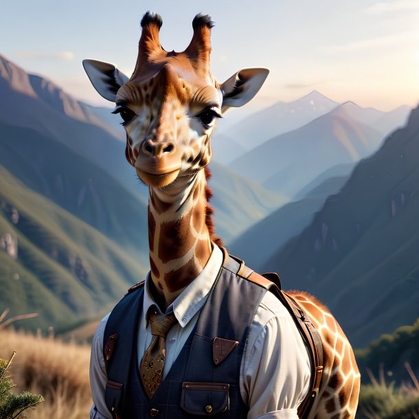 Imagem de uma girafa em um colete nas montanhas