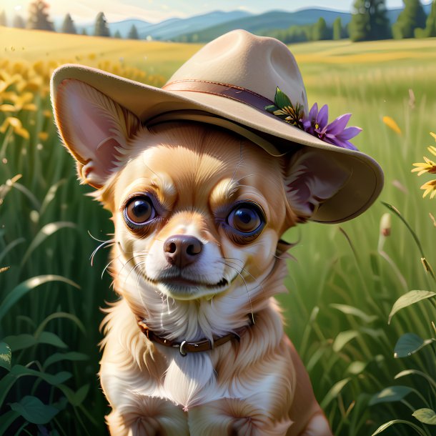 Dessin d'un chihuahua dans un chapeau dans la prairie