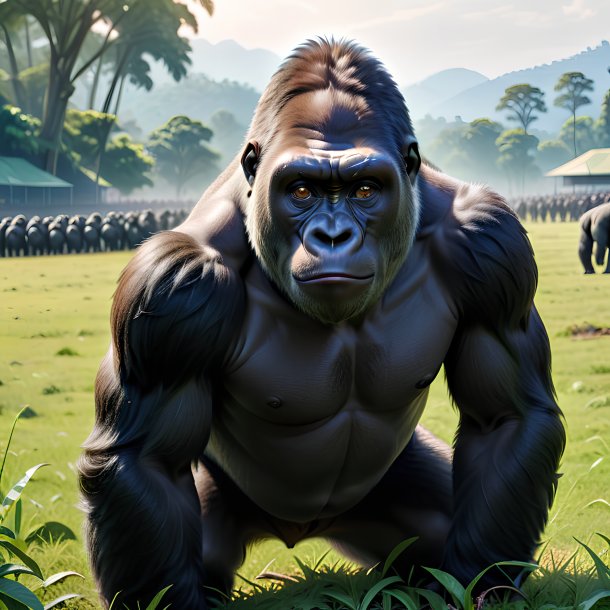 Picture of a waiting of a gorilla on the field