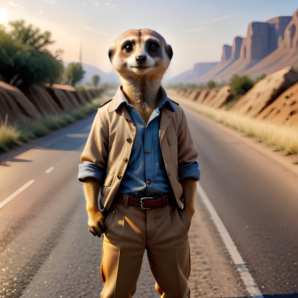 Picture of a meerkat in a trousers on the road