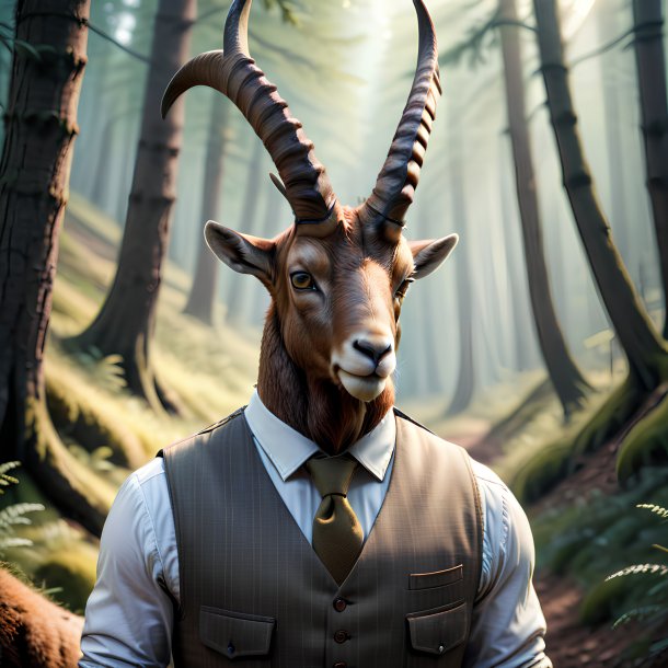 Photo of a ibex in a vest in the forest