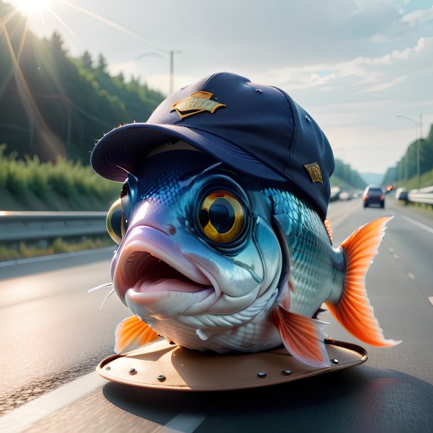 Foto de un pez en una gorra en la carretera