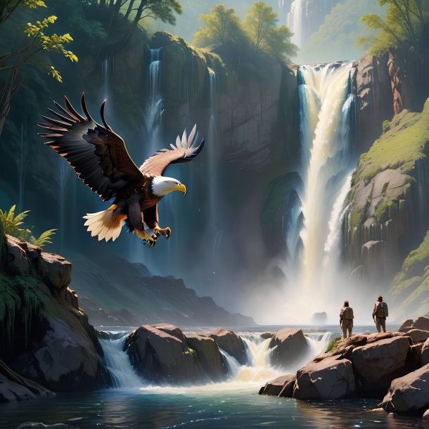 Image of a waiting of a eagle in the waterfall