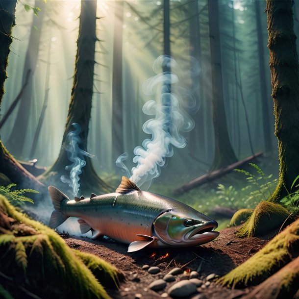 Photo of a smoking of a salmon in the forest