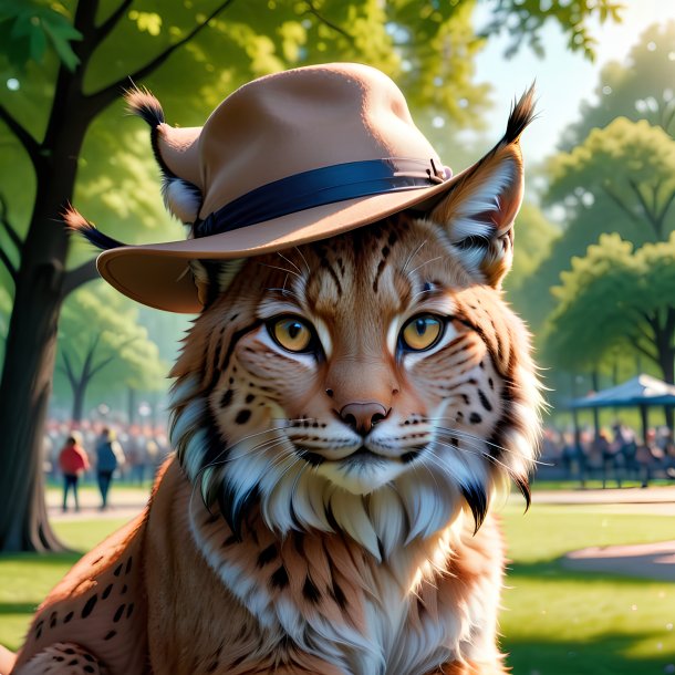 Dibujo de un lince en un sombrero en el parque