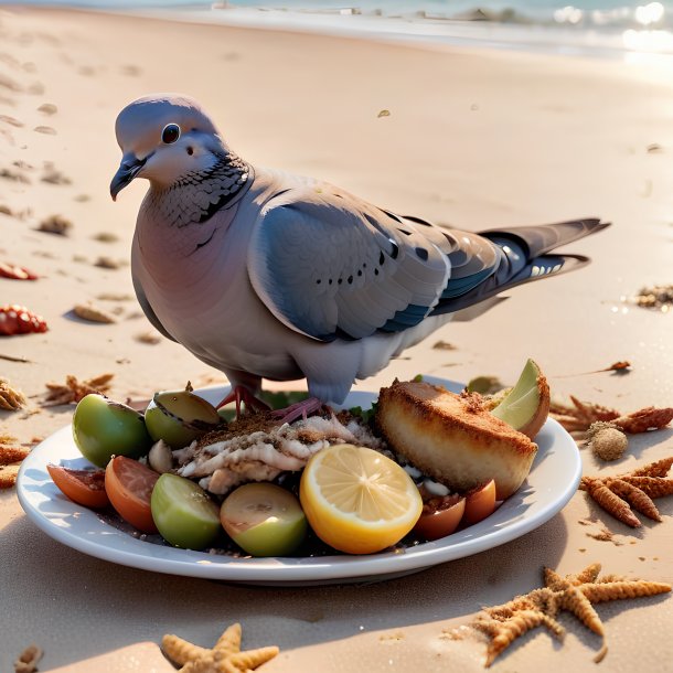 Photo d'un repas d'une colombe sur la plage