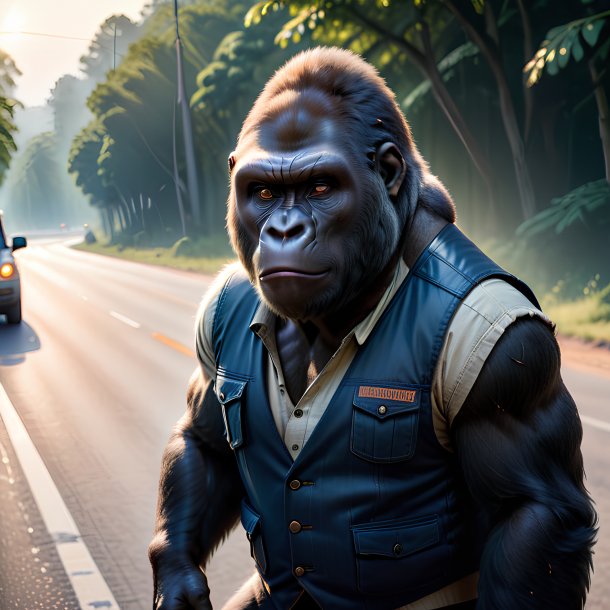 Photo of a gorilla in a vest on the road