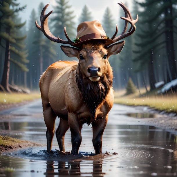 Picture of a elk in a hat in the puddle