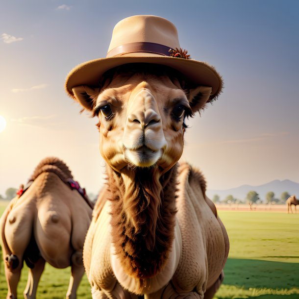 Foto de un camello en un sombrero en el campo