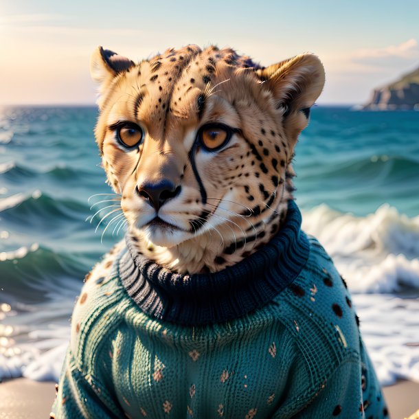 Foto de un guepardo en un suéter en el mar