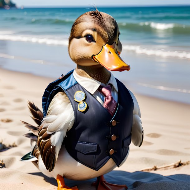 Imagem de um pato em um colete na praia