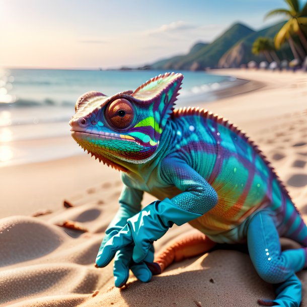 Image d'un caméléon dans un gants sur la plage