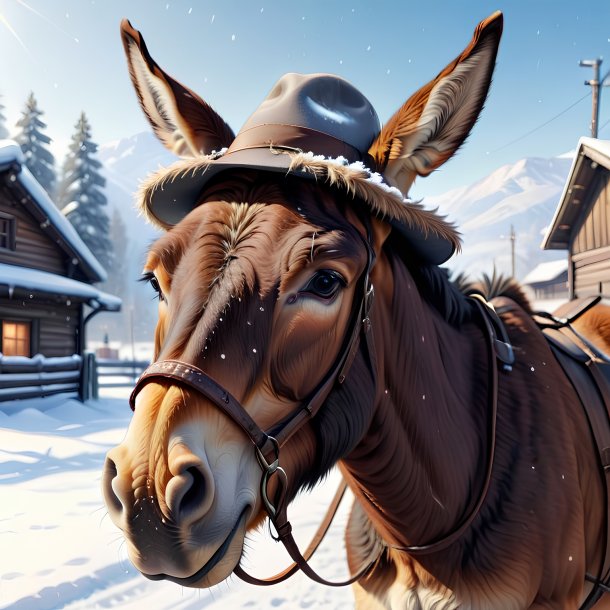 Illustration of a mule in a hat in the snow