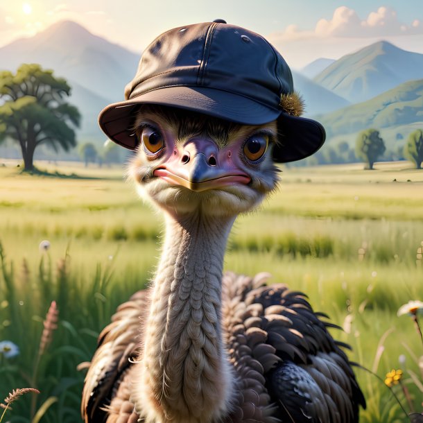 Photo of a ostrich in a cap in the meadow