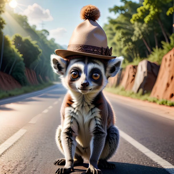 Pic of a lemur in a hat on the road