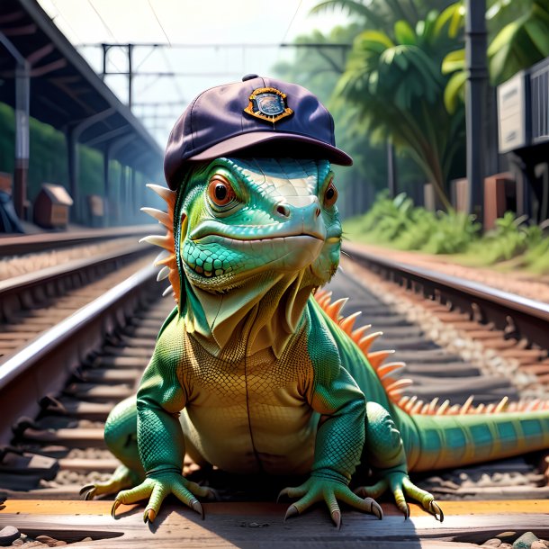 Drawing of a iguana in a cap on the railway tracks