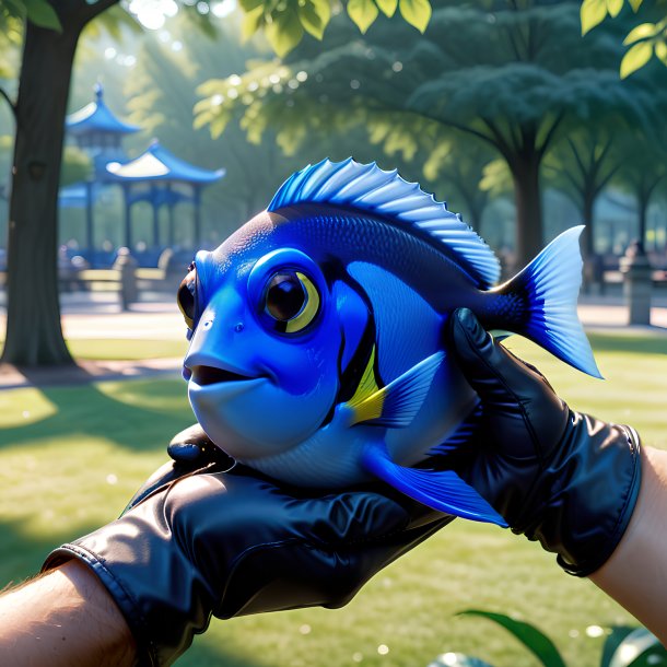 Image of a blue tang in a gloves in the park