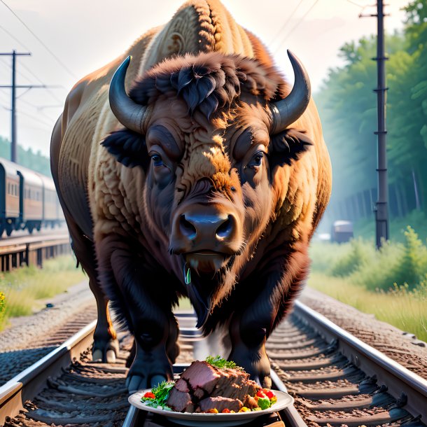 Foto de una comida de un bisonte en las vías del ferrocarril