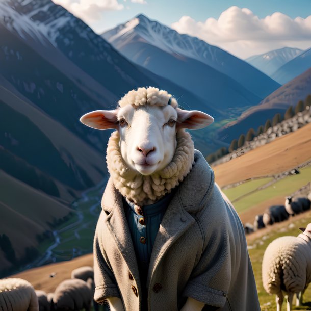 Picture of a sheep in a coat in the mountains