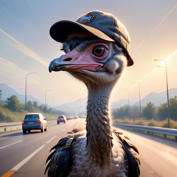 Drawing of a ostrich in a cap on the highway