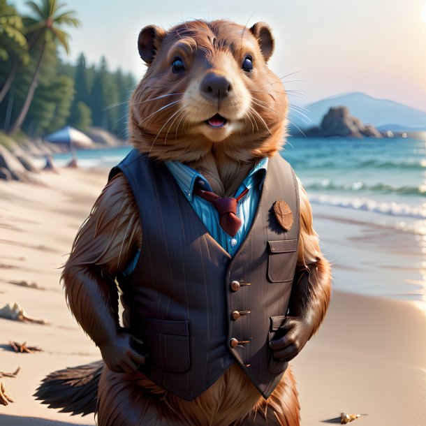 Drawing of a beaver in a vest on the beach