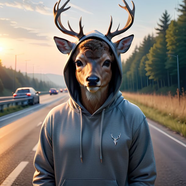 Pic d'un cerf dans un sweat à capuche sur l'autoroute