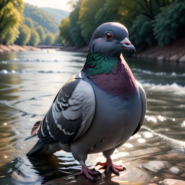 Imagem de um pombo em um casaco no rio