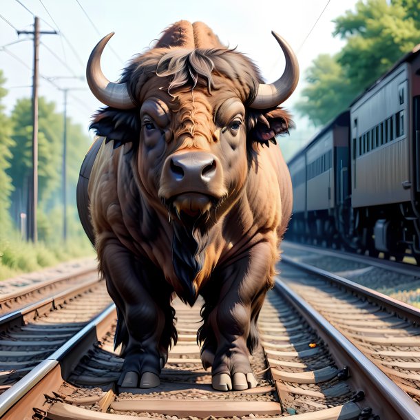 Drawing of a buffalo in a trousers on the railway tracks