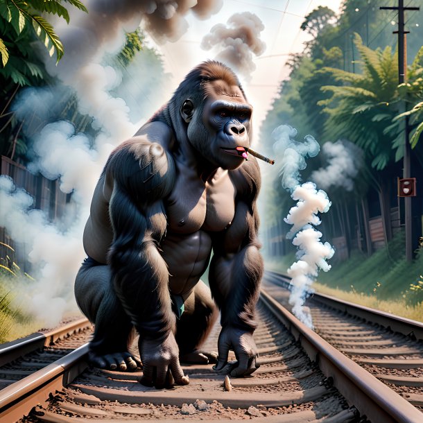 Photo of a smoking of a gorilla on the railway tracks