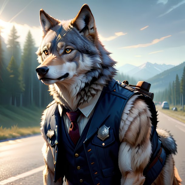 Illustration of a wolf in a vest on the road