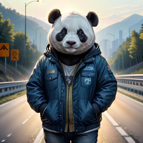 Dibujo de un panda gigante en una chaqueta en la carretera