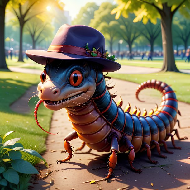 Illustration of a centipede in a hat in the park