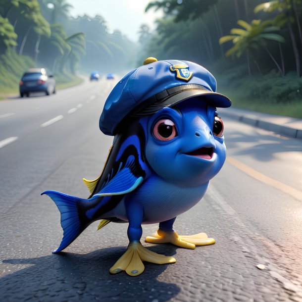 Pic of a blue tang in a cap on the road