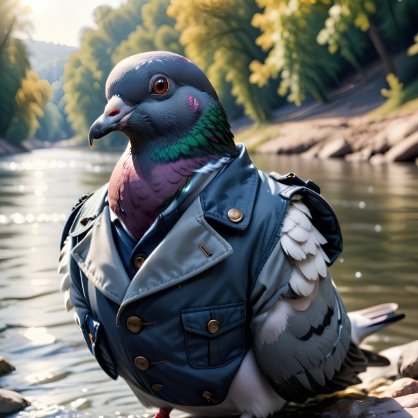 Image of a pigeon in a jacket in the river